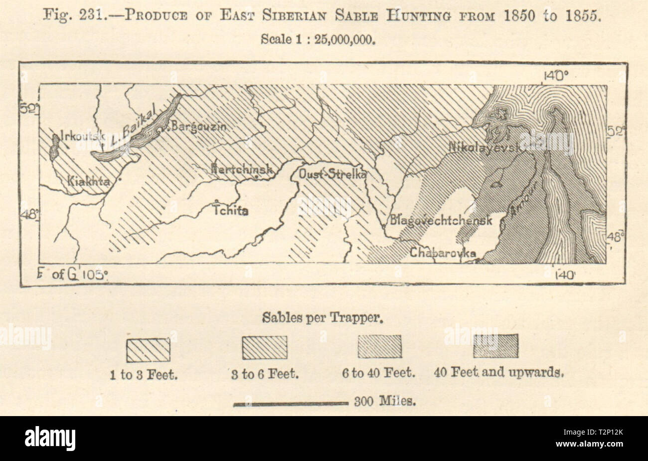 East Siberian Sable Hunting 1850-55. Fur trapping Russia. Sketch map. SMALL 1885 Stock Photo