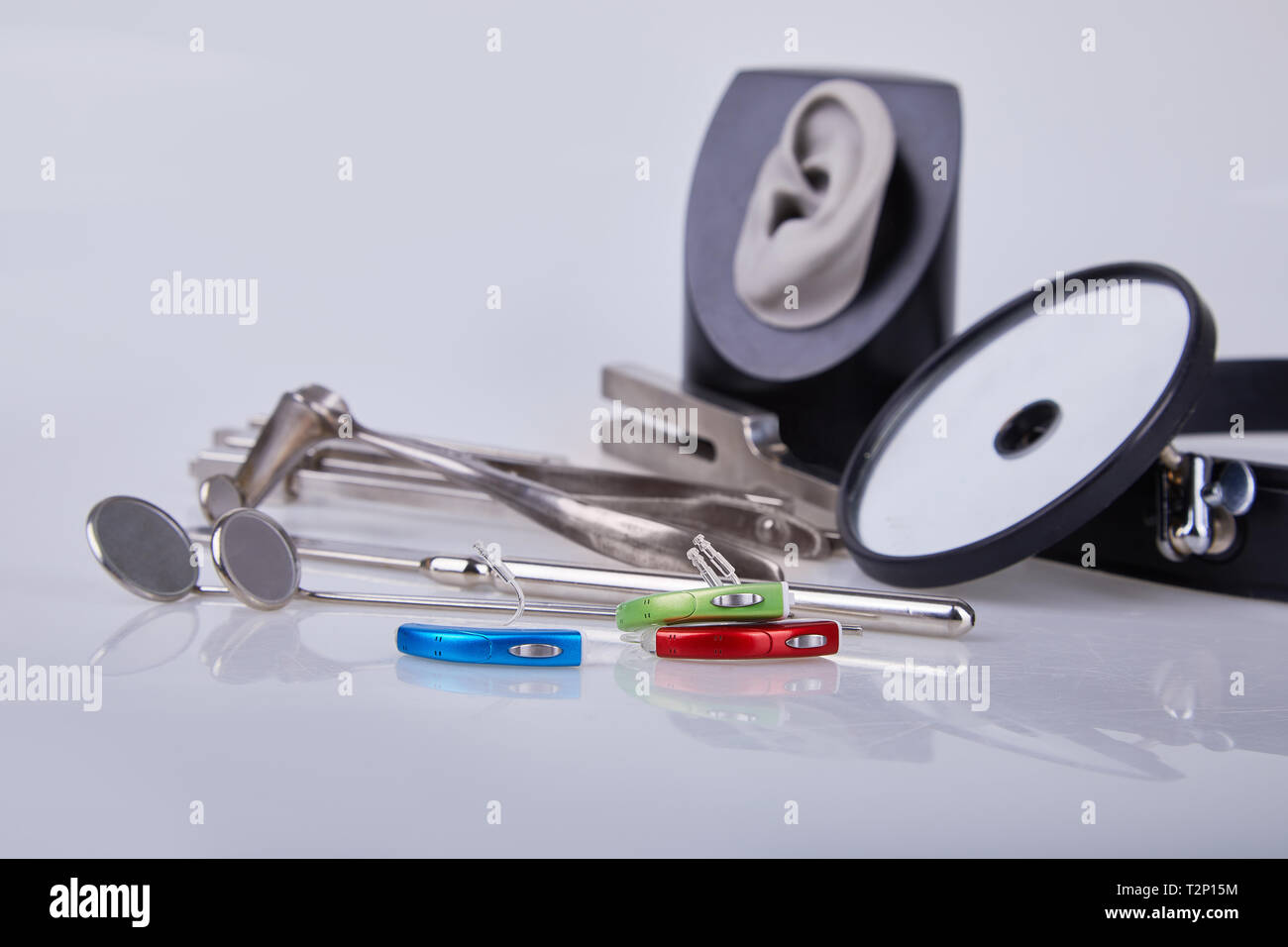 Medical instruments for ENT doctor on white. A set of Otolaryngologist ...