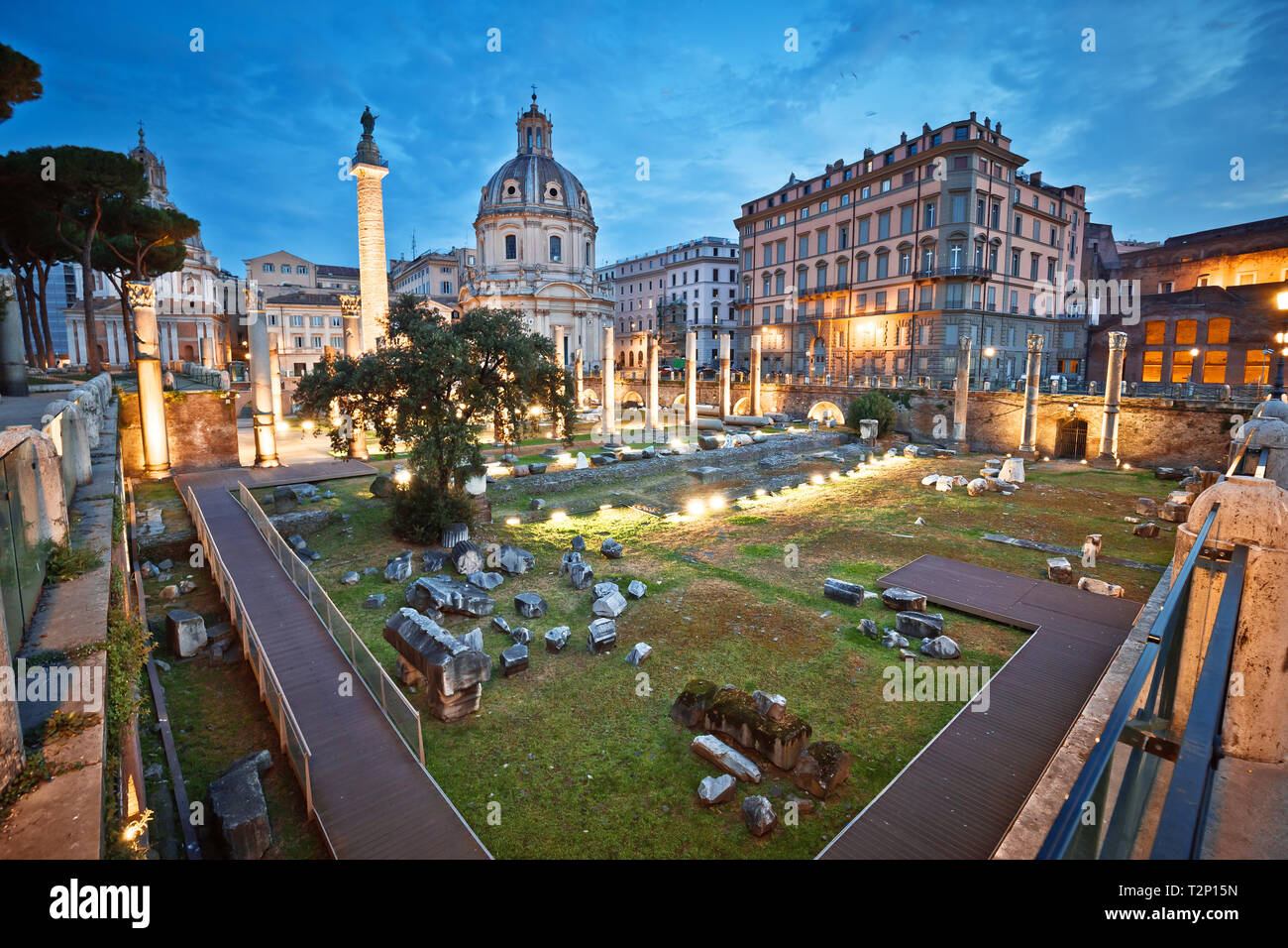 Ancient Trajans Forum square of Rome dawn view, capital city of Italy ...
