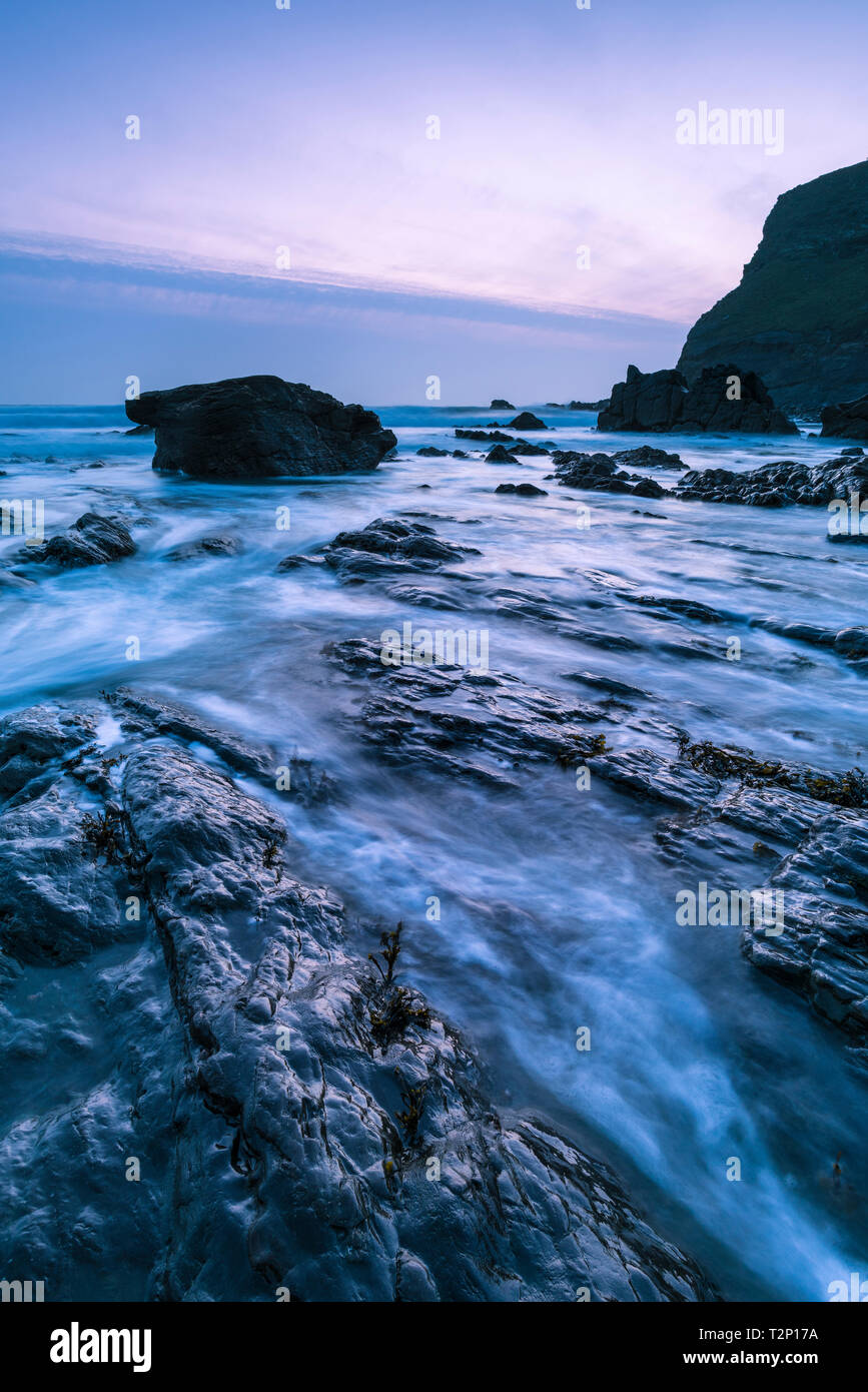 Rocks exposed by the retreating tide at Duckpool on the Hartland Heritage Coast, North Cornwall, England. Stock Photo