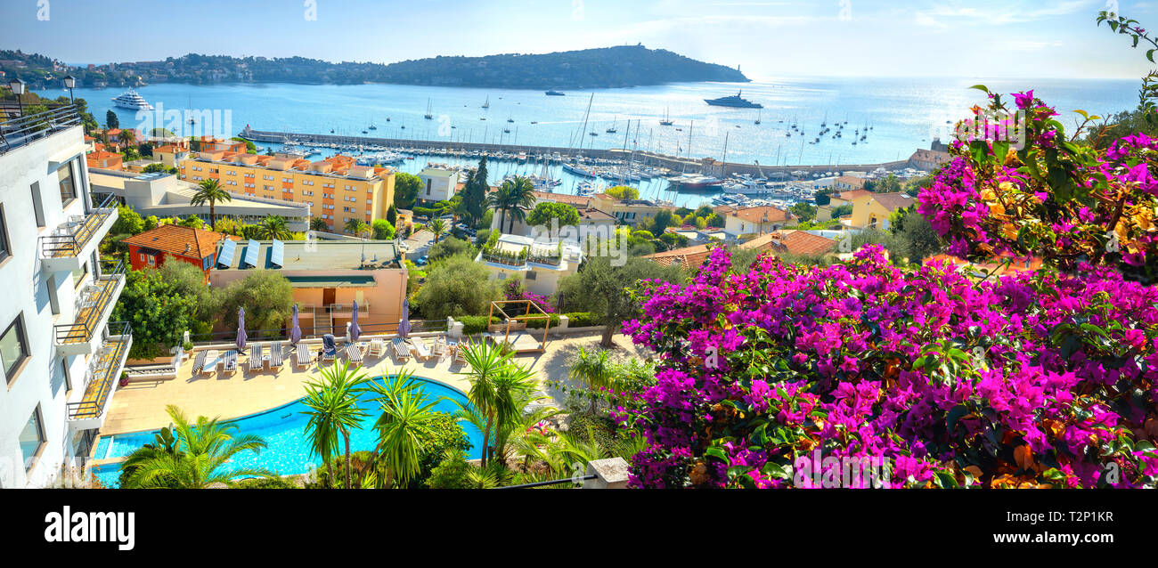 Panoramic view of seaside and resort city Villefranche sur Mer. French Riviera, Cote d'Azur, France Stock Photo