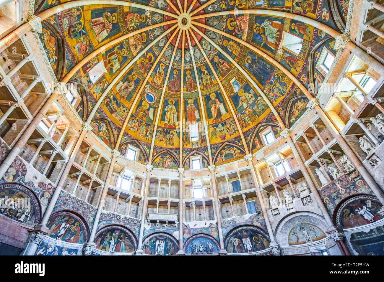 Inside the famous Baptistery of Parma richly decorated by frescoes and sculpturs, Parma, Emilia Romagna, Italy. Stock Photo