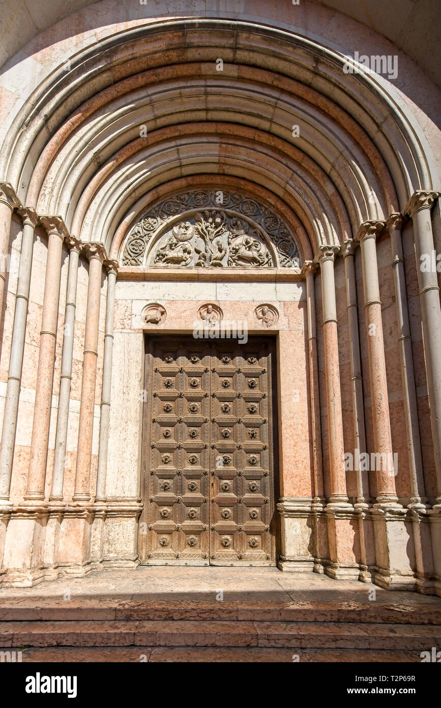 Entrance to famous Baptistery by Piazza del Duomo in Parma, Italy. Stock Photo
