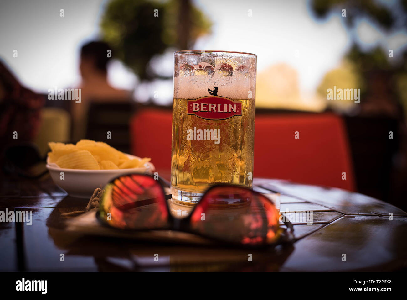 Beer Chips Berlin Sun glasses Stock Photo