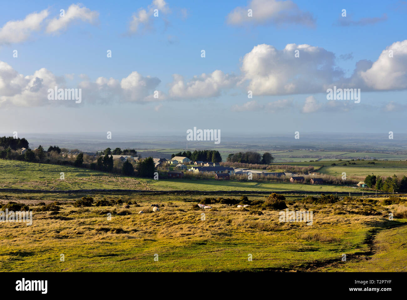 Dartmoor moorland looking across open moors toward Okehampton Camp training centre, Devon Stock Photo
