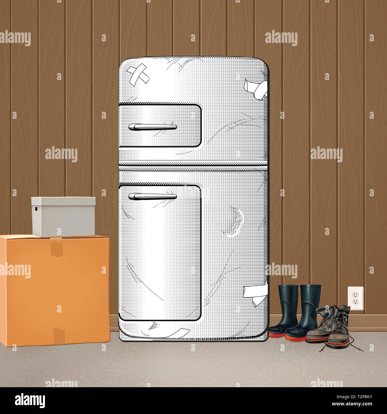 Old basement refrigerator along with some storage boxes and boots Stock