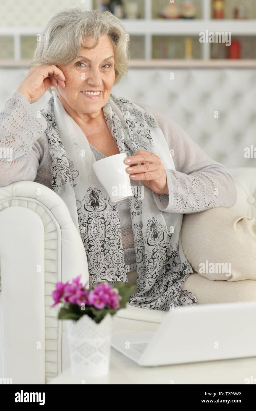 Portrait of senior woman using laptop while sitting on sofa Stock Photo