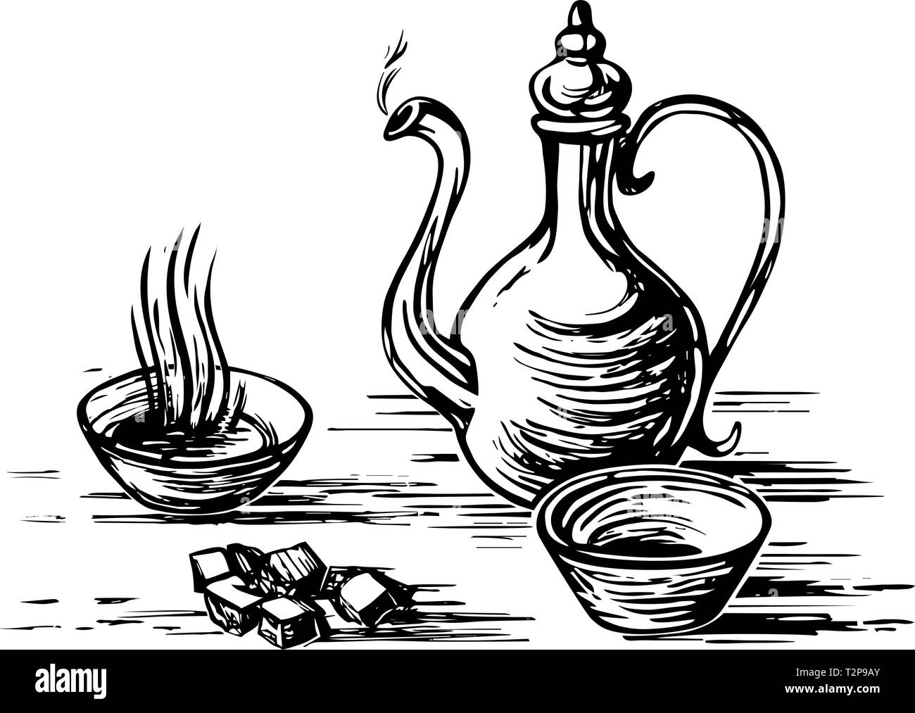 Oriental antique tea set. Teapot, cups bowls, sugar lumps. Imitation of engraving. Scratch board style imitation. Hand drawn sketch image. Stock Vector