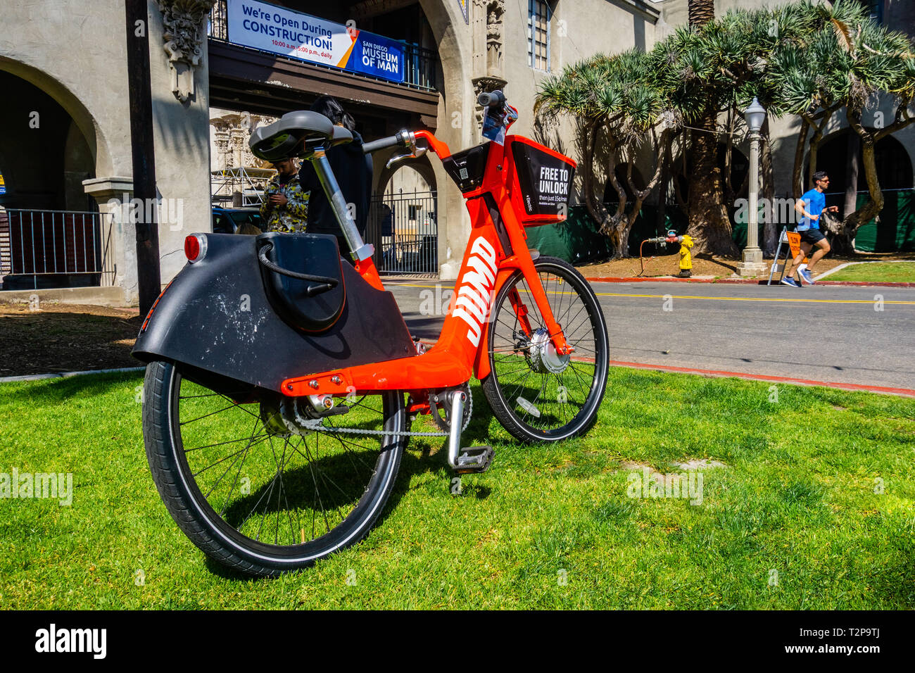 March 19, 2019 San Diego / CA / USA - Jump electric bikes parked in Balboa Park; JUMP Bikes is a dock less electric bicycle sharing system acquired by Stock Photo