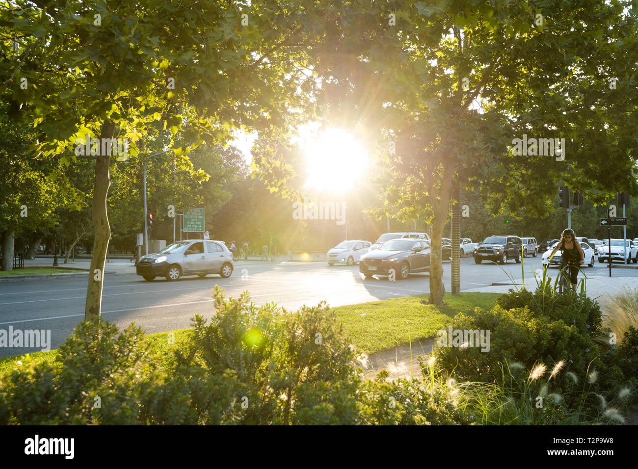 Santiago, Region Metropolitana, Chile - December 11, 2018: Traffic in the Forestal Park at downtown with a setting sun. Stock Photo