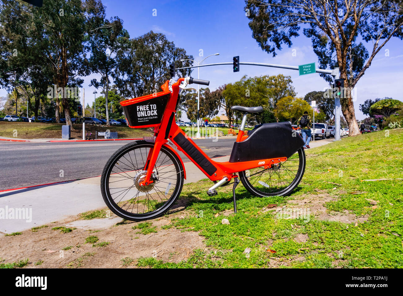 March 19, 2019 San Diego / CA / USA - Jump electric bikes parked near Balboa Park; JUMP Bikes is a dock less electric bicycle sharing system acquired  Stock Photo