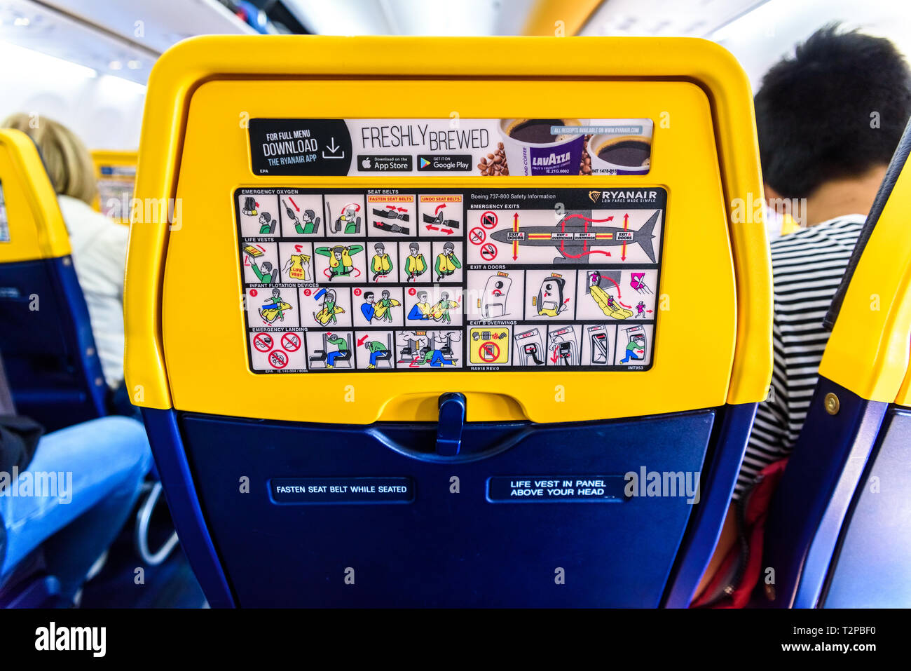 Valencia, Spain March 8, 2019 Back of the seats of a Boeing plane