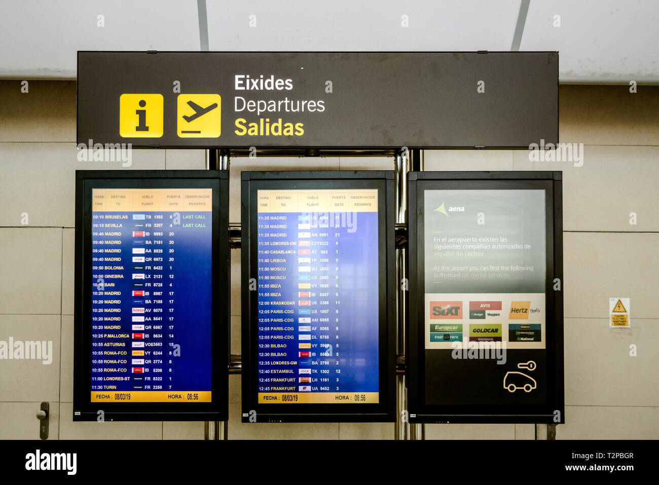 Valencia, Spain - March 8, 2019: Led information panel with flight schedules arrivals departures at a Spanish airport during the holidays. Stock Photo