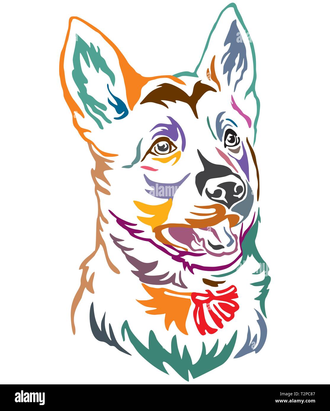 Colorful decorative outline portrait of puppy German Shepherd Dog looking in profile, vector illustration in different colors isolated on white backgr Stock Vector