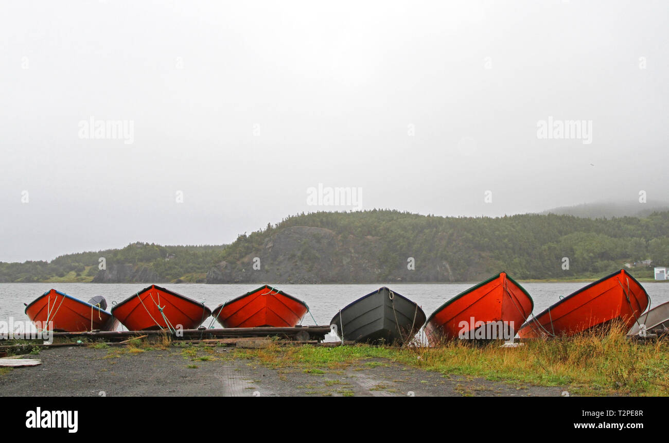 Dory boats used by fishermen, in Newfoundland on the seashore Stock Photo