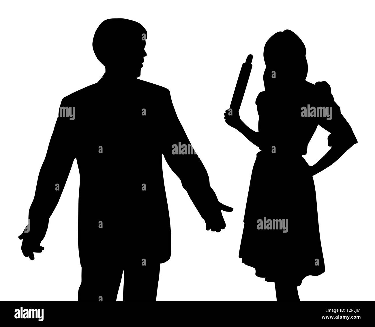 Angry wife holding rolling pin and puzzled confused husband with open