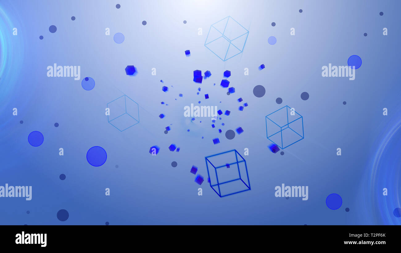 Flying cubes in clear space with circles, light and easy spring modern background, 3d rendering backdrop Stock Photo