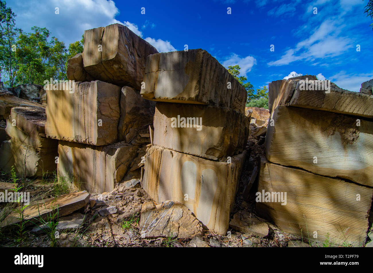 Blocks of sandstone mined from a quarry in Queensland, Australia Stock