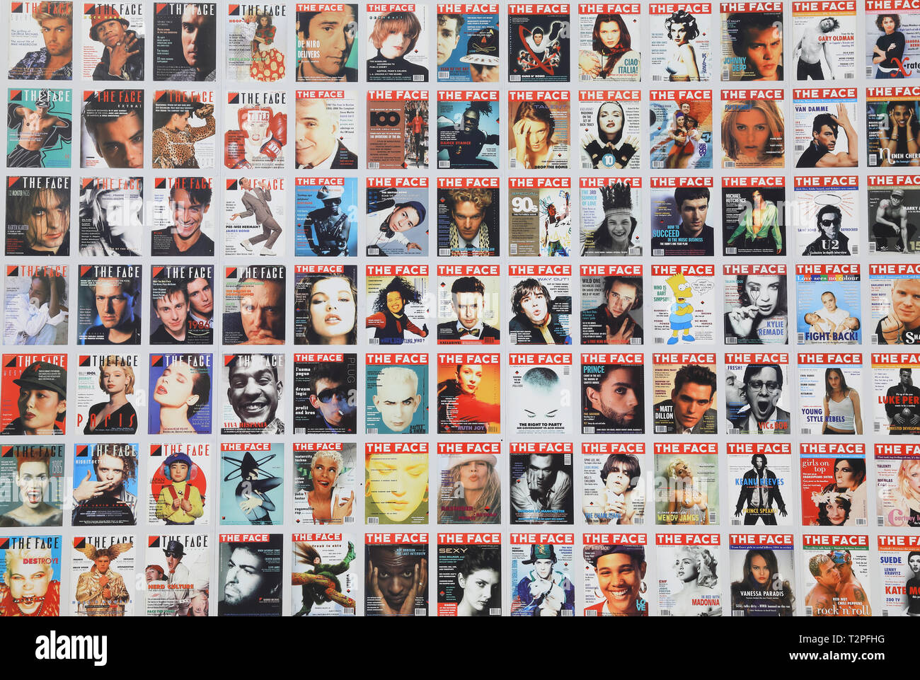 Exhibition of historic Face magazine covers on side of Lewis Cubitt Square at Kings Cross, north London, UK Stock Photo