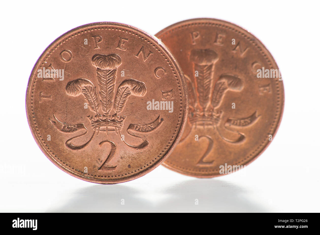 Coins. The Two Pence Piece.  This is the second smallest denomination in the Sterling currency. Stock Photo