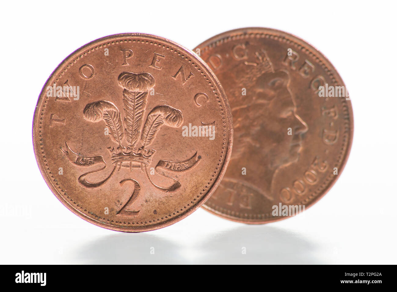 Coins. The Two Pence Piece.  This is the second smallest denomination in the Sterling currency. Stock Photo
