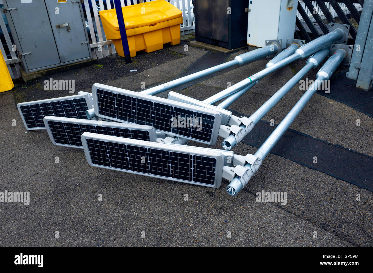 Self contained solar powered lighting for installation on a small branch line railway station Stock Photo