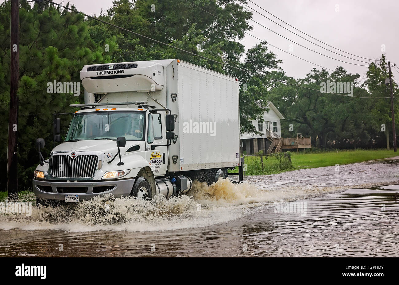 A driver for Jubilee Seafood makes his way down a flooded Shell Belt Road after Tropical Storm Cindy, June 22, 2017, in Bayou La Batre, Alabama. Stock Photo