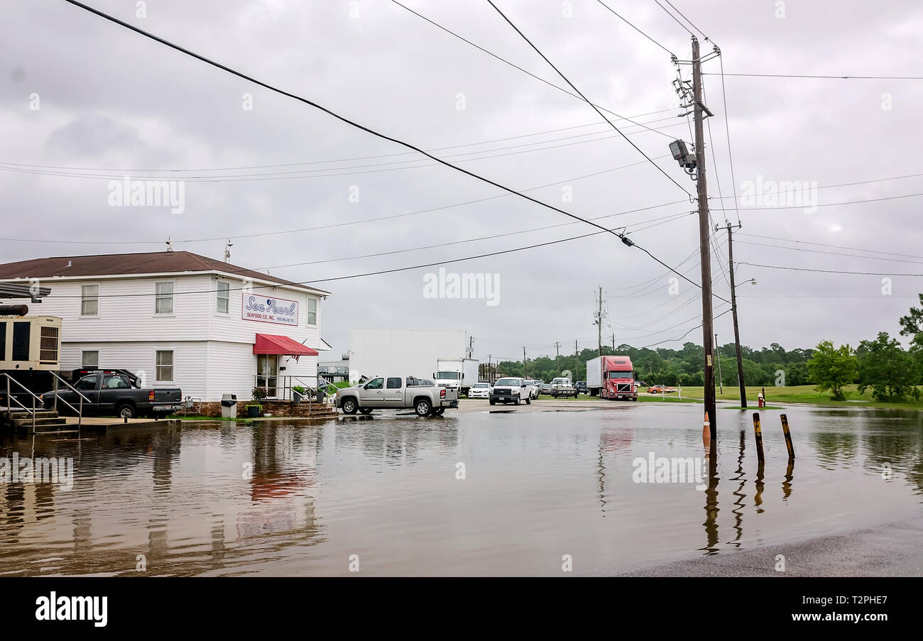 Flood water covers Shell Belt Road in front of Sea Pearl Seafood after Tropical Storm Cindy, June 22, 2017, in Bayou La Batre, Alabama. Stock Photo