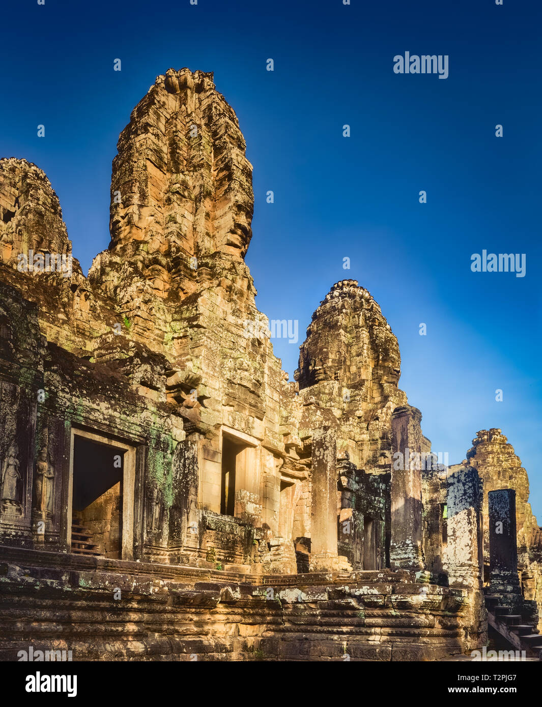Bayon temple in Angkor Thom at morning time. Siem Reap. Cambodia. Panorama Stock Photo