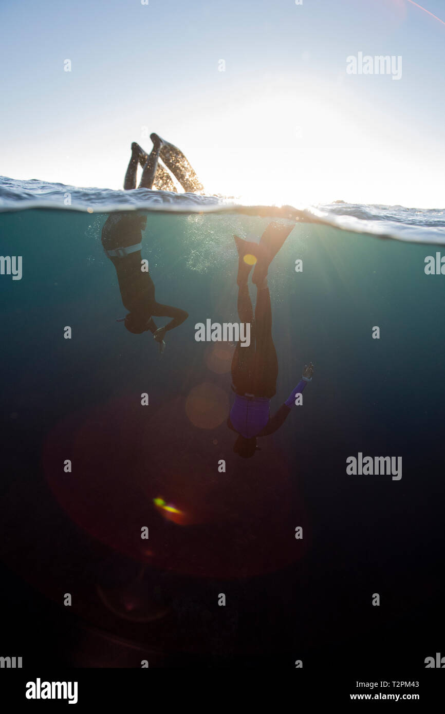 Freedivers preparing to dive, Dominica, Caribbean Stock Photo