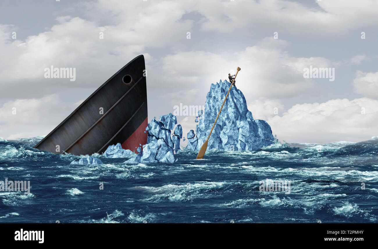 Business survival concept as a strategic businessman surviving an iceberg crash and managing a crisis with smart innovative thinking. Stock Photo