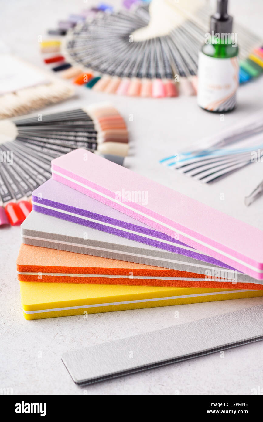 Set of cosmetic tools and accessories for manicure. Colorful nail files