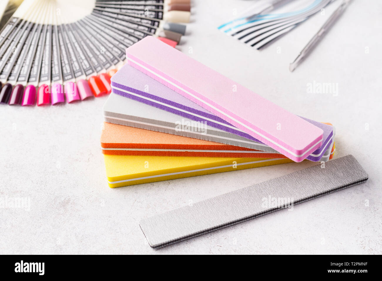 Set of cosmetic tools and accessories for manicure. Colorful nail files