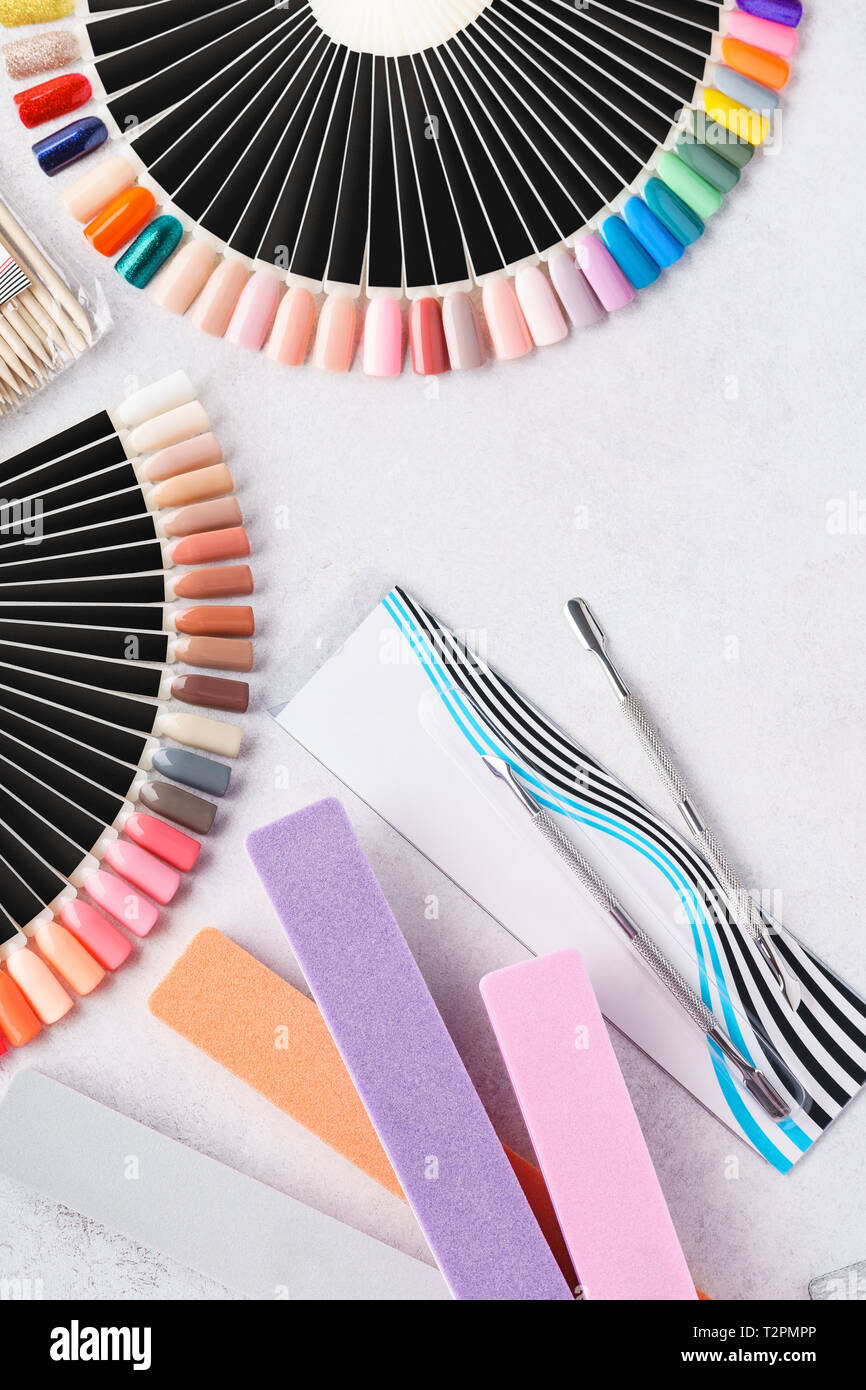 Set of professional manicure equipment nail files, swatch palettes