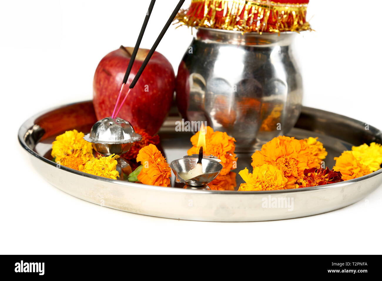 Picture of ready navratri pooja thali. ISolated on the white background. Stock Photo