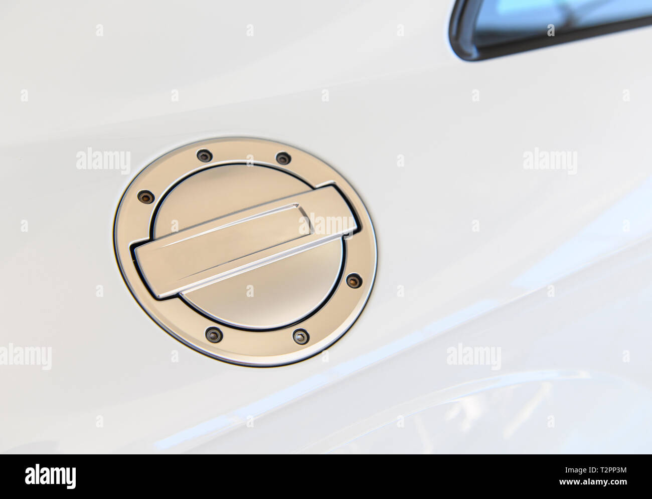 Closeup of fuel tank cover of white racing car Stock Photo Alamy