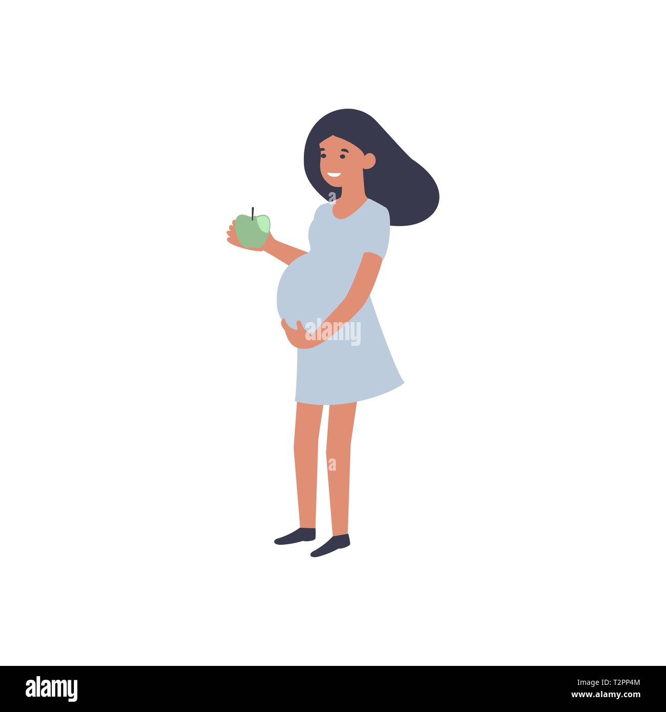 Healthy food and pregnancy concept. Pregnant woman standing with apple