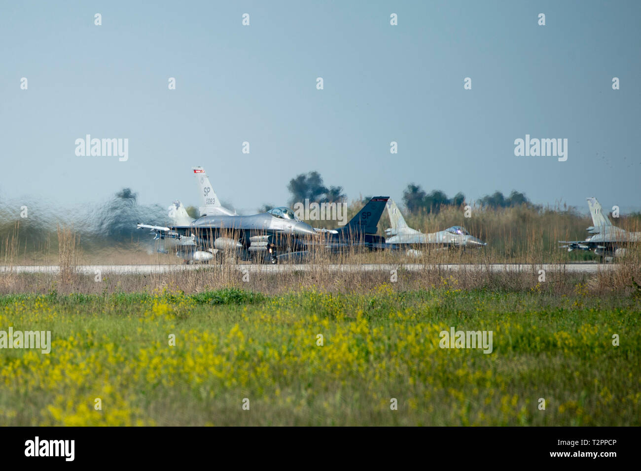 A U.S. Air Force F-16 Fighting Falcon assigned to the 480th Expeditionary Fighter Squadron taxis to the runway at Andravida Air Base, Greece, during exercise INIOCHOS 19, April 2, 2019.  The goal of the exercise is to enhance professional relationships and improve overall coordination with allies and partner militaries during times of crisis. (U.S. Air Force photo by Airman 1st Class Branden Rae) Stock Photo