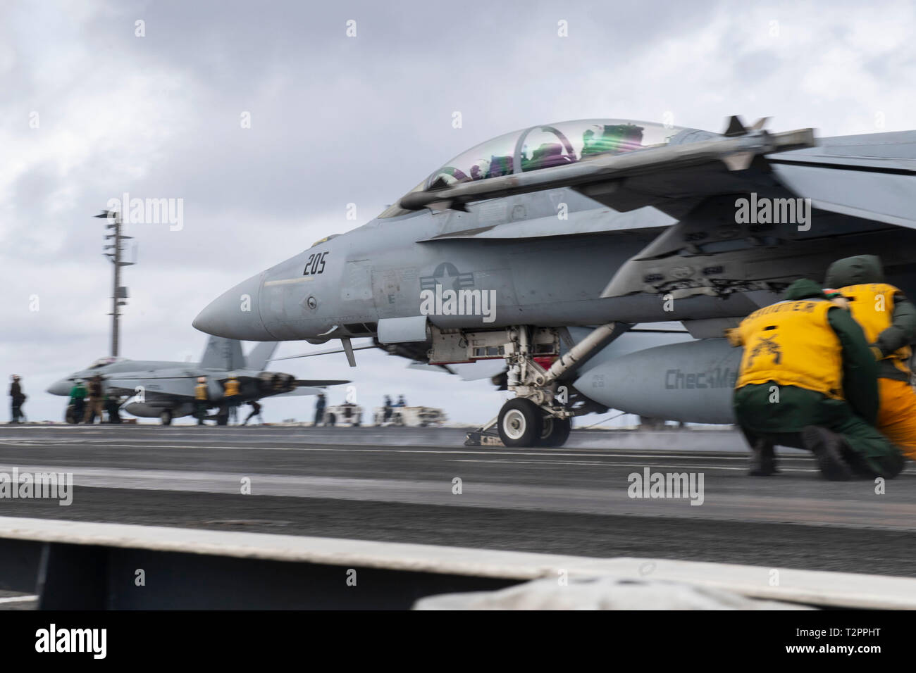 190402-N-IG466-0144  ATLANTIC OCEAN (April 2, 2019) An F/A-18F Super Hornet assigned to the Fighting Checkmates of Strike Fighter Squadron (VFA) 211 launches from the Nimitz-class aircraft carrier USS Harry S. Truman (CVN 75). Harry S. Truman is underway conducting a sustainment exercise with Carrier Strike Group (CSG) 8 ships and squadrons to maintain qualifications and a deployment-ready status. (U.S. Navy photo by Mass Communication Specialist 3rd Class Adelola Tinubu/Released) Stock Photo