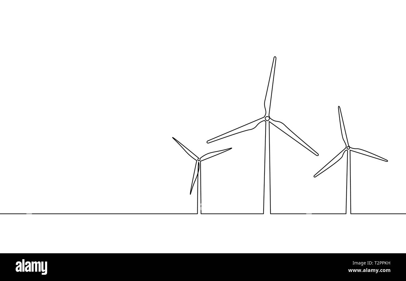 Single continuous line art wind generator. Save ecology green energy electricity. Windmill tower one sketch outline drawing vector illustration art Stock Vector