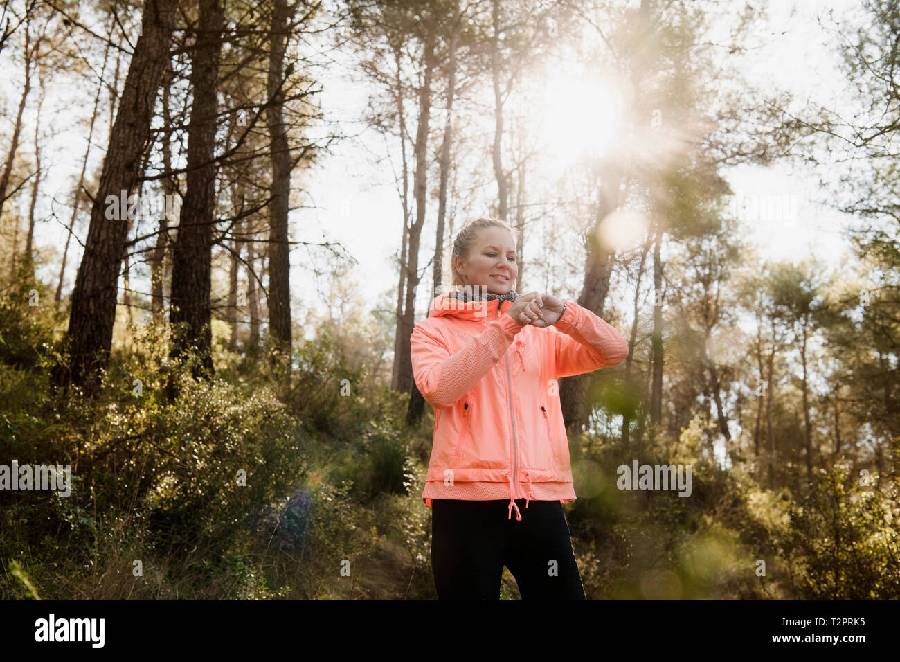 Woman exploring forest, Olivella, Catalonia, Spain Stock Photo