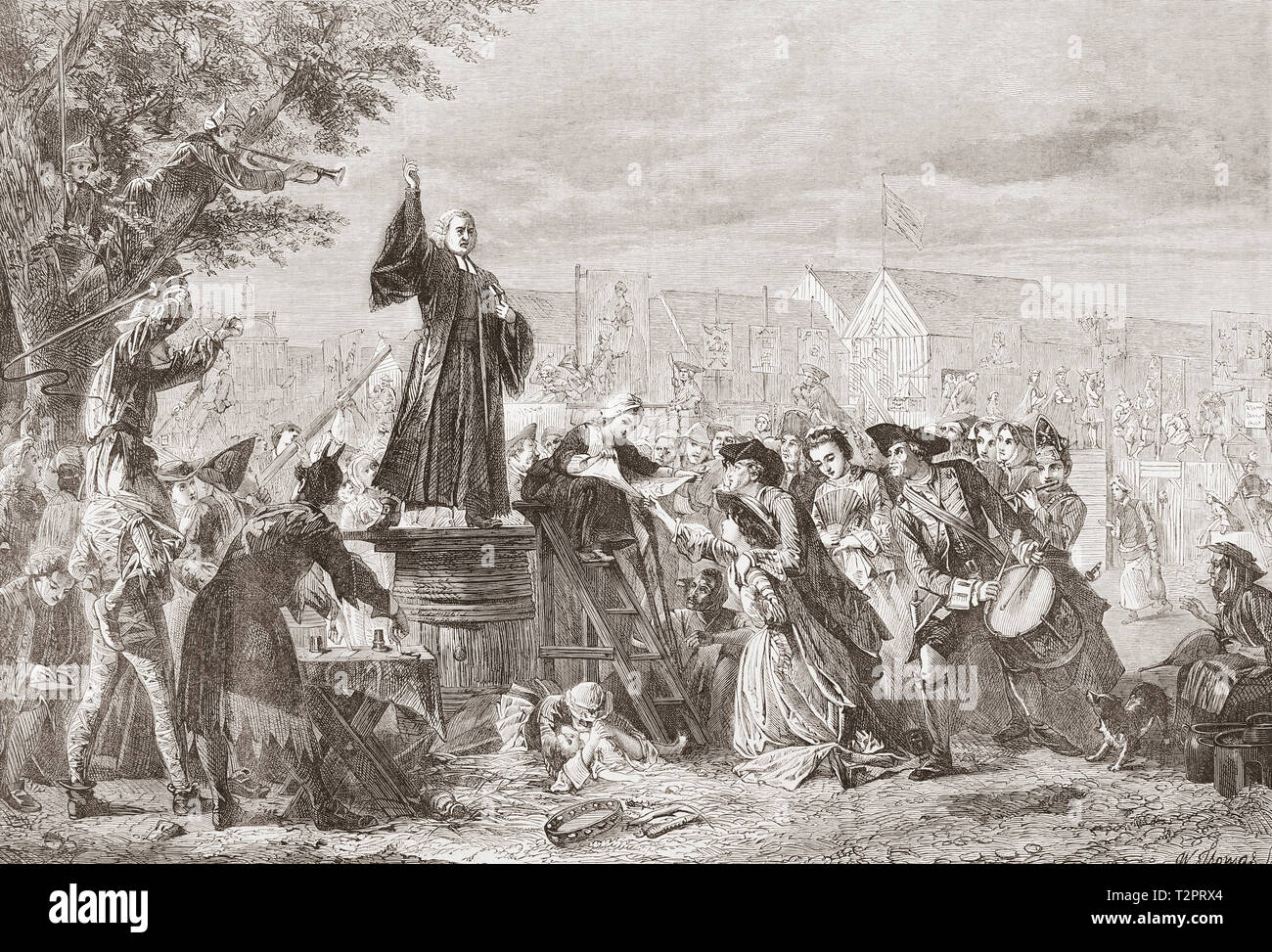 Whitefield preaching in Moorfields, London, England, 1742.  George Whitefield, 1714 – 1770, also spelled Whitfield.   English Anglican cleric and evangelist.  From The Illustrated London News, published 1865. Stock Photo
