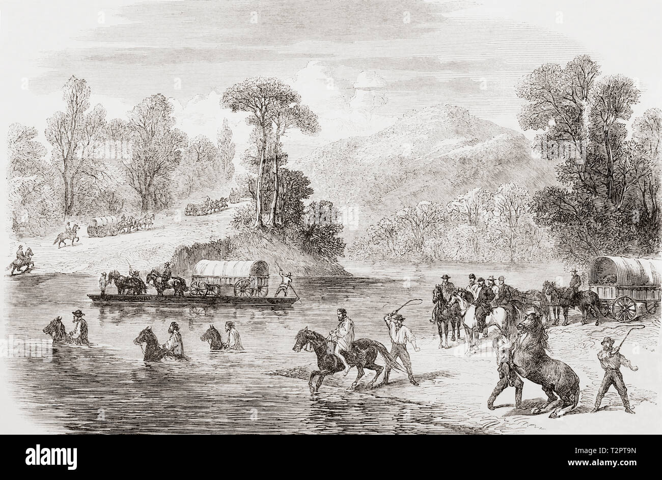 The last days of the Confederate Government, the conclusion of the American Civil War.  President Davis' mule train crossing the Pe-Dee river in North Carolina whilst fleeing before the Federal Cavalry.  From The Illustrated London News, published 1865. Stock Photo