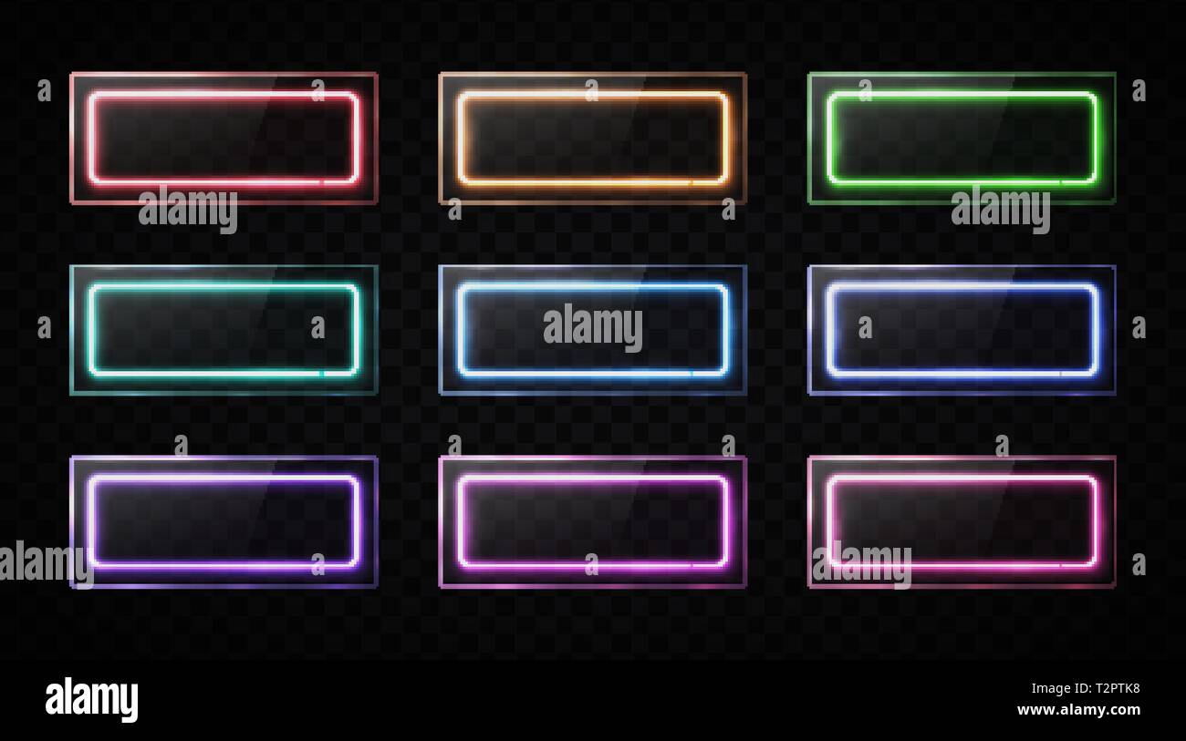 Glossy buttons set. Colorful led halogen lamp web banners collection with glass texture plates. Rectangle frames with blank text place on transparent  Stock Vector