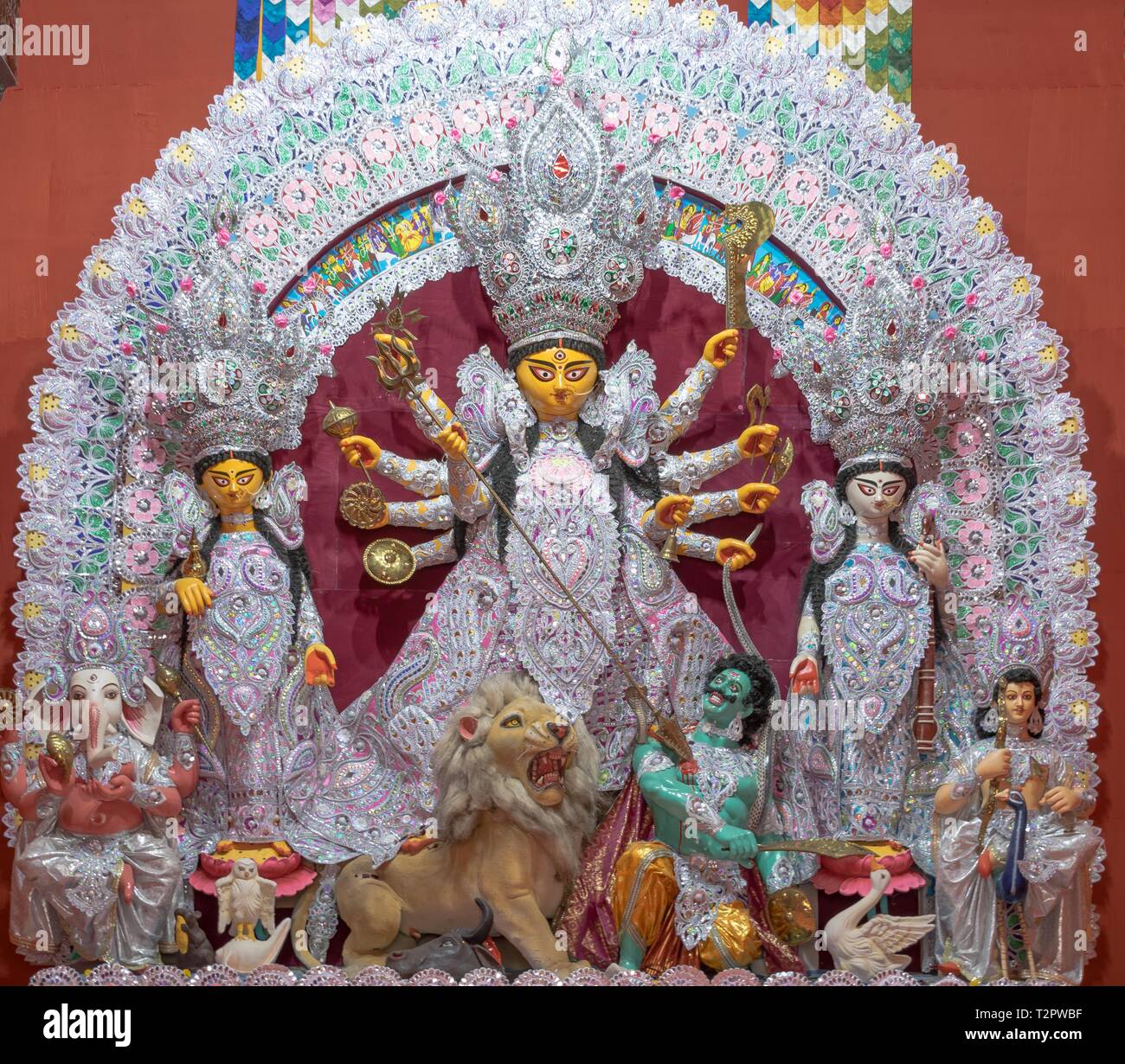 Idol of Goddess durga with family family in Durga puja in Kolkata ...
