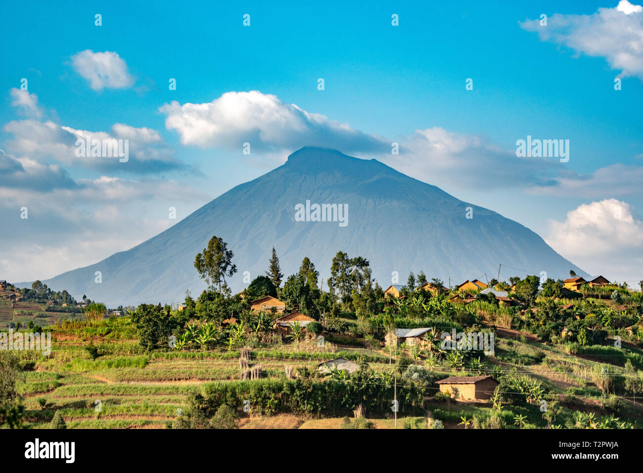 Houses in a small village are dwarfed by the looming presence of a volcanic mountain, Rwanda, Stock Photo
