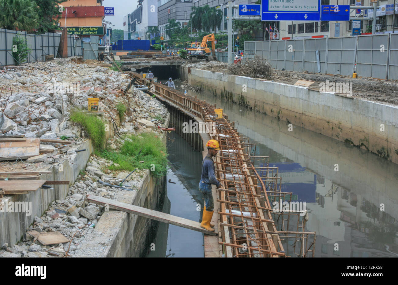 Redevelopment of the Segget River along Jalan Wong Ah Fook, Johor Bahru, Malaysia Stock Photo