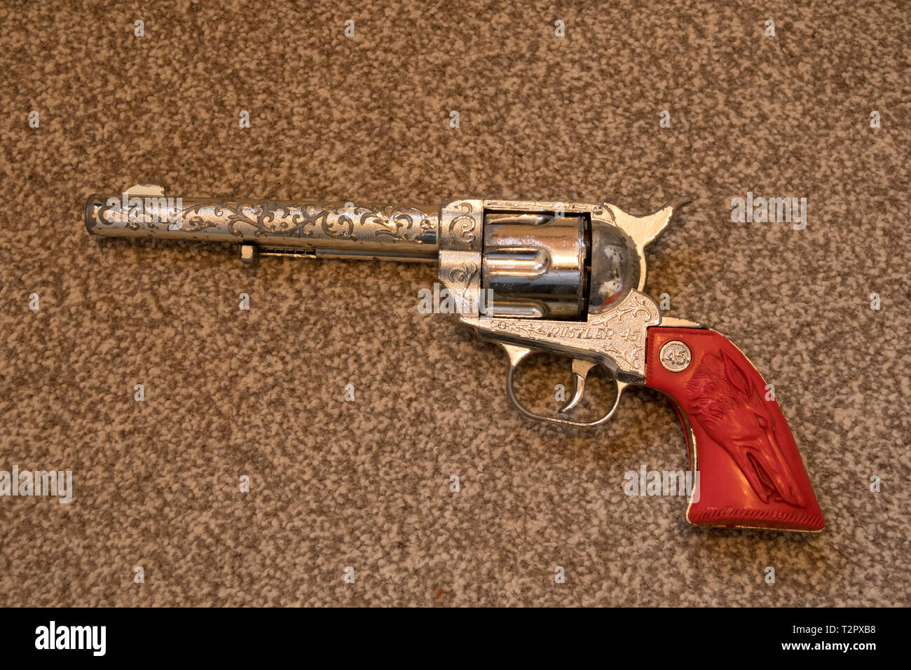 VINTAGE RED & WHITE PLASTIC CAP GUN PISTOL toy police Pair 1911 style CAP GUN 