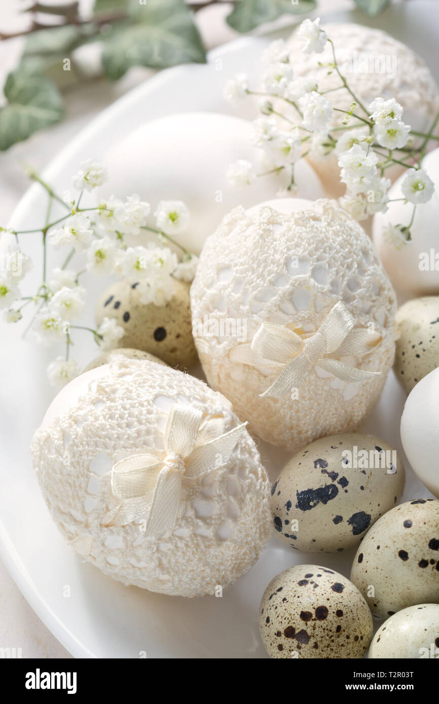 Still life with decorated Easter eggs in vintage style Stock Photo - Alamy