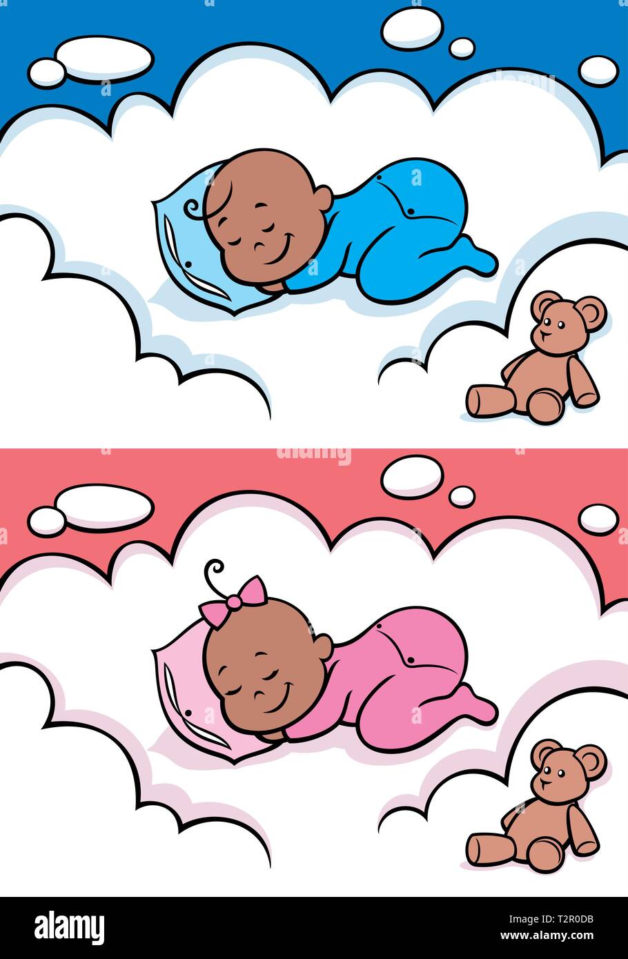 Cartoon baby sleeping on cloud. The illustration is in 2 versions for baby boy and baby girl. You can extend the color of the sky or the white color o Stock Vector